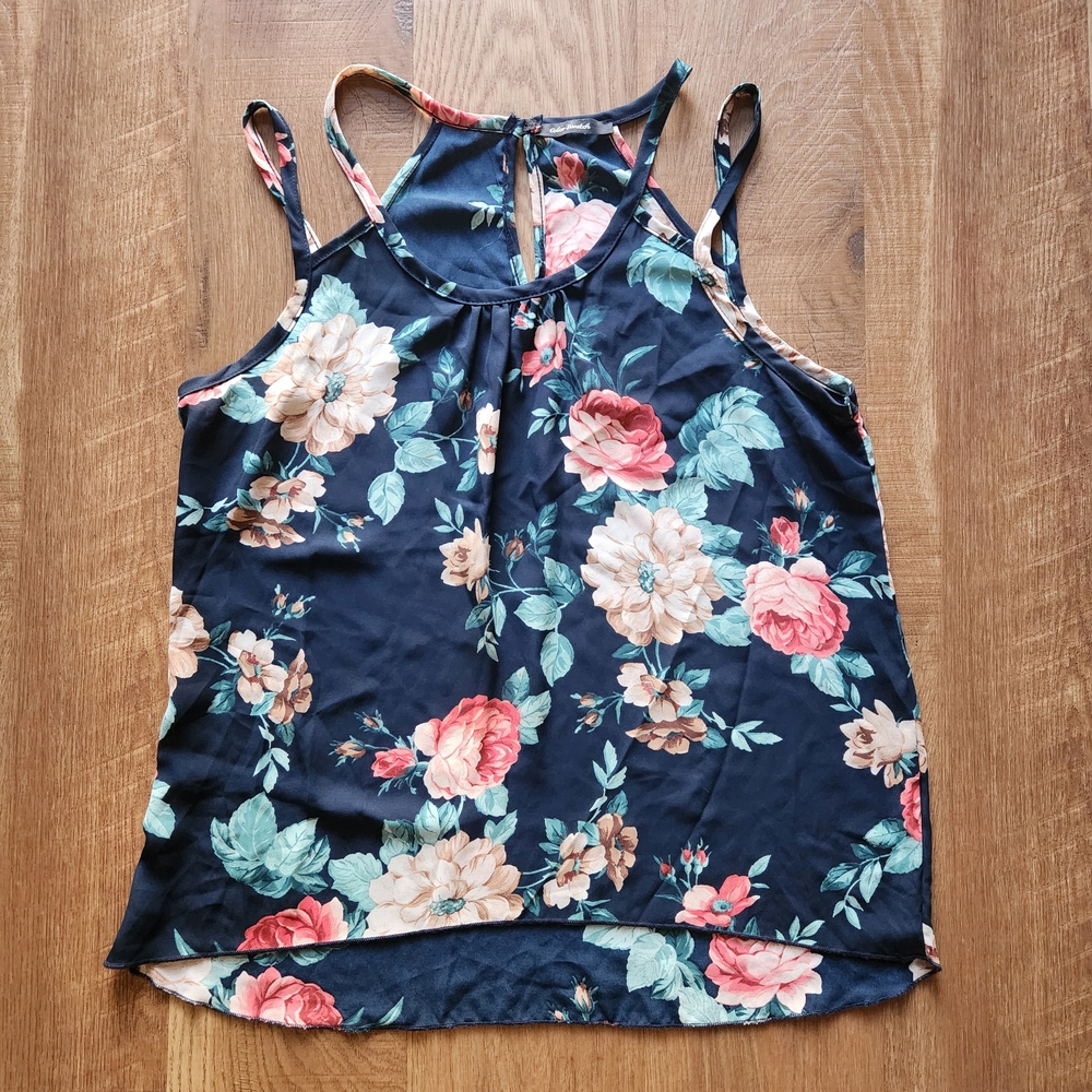 Floral Sleeveless Top - Navy Blue and Pink